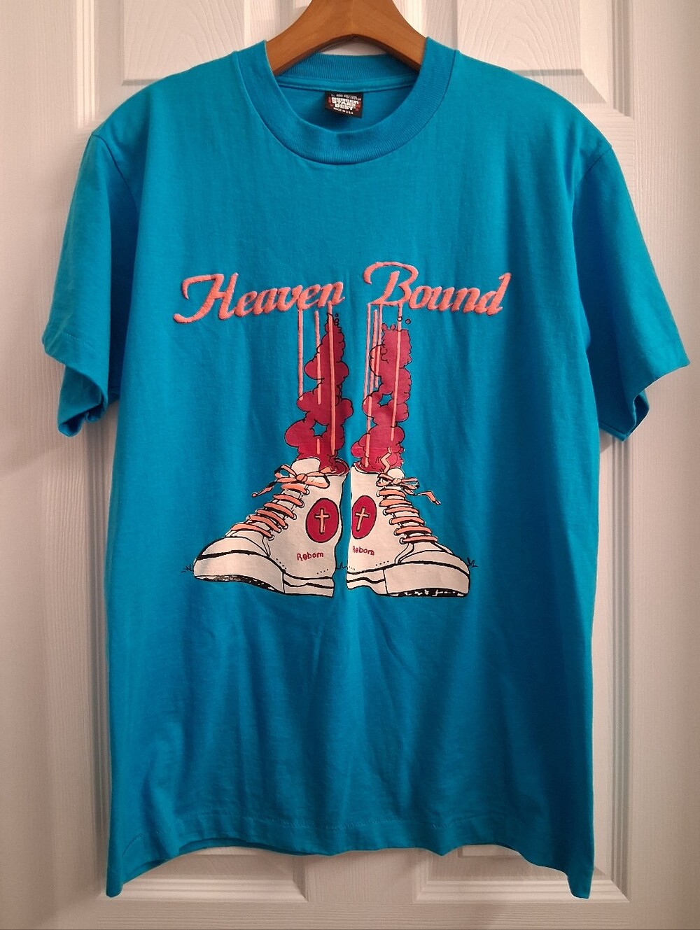 Vintage Single Stitch Heaven Bound Graphic T Shirt Large Screen Stars Teal
